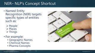 Copyright ©1997-2022 Search Technology, Inc. TheVantagePoint.com | 7
NER– NLP’s Concept Shortcut
• Named Entity
Recognitio...