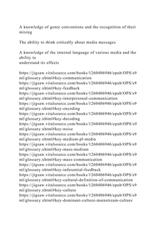 A knowledge of genre conventions and the recognition of their
mixing
The ability to think critically about media messages
A knowledge of the internal language of various media and the
ability to
understand its effects
https://jigsaw.vitalsource.com/books/1260406946/epub/OPS/s9
ml/glossary.xhtml#key-communication
https://jigsaw.vitalsource.com/books/1260406946/epub/OPS/s9
ml/glossary.xhtml#key-feedback
https://jigsaw.vitalsource.com/books/1260406946/epub/OPS/s9
ml/glossary.xhtml#key-interpersonal-communication
https://jigsaw.vitalsource.com/books/1260406946/epub/OPS/s9
ml/glossary.xhtml#key-encoding
https://jigsaw.vitalsource.com/books/1260406946/epub/OPS/s9
ml/glossary.xhtml#key-decoding
https://jigsaw.vitalsource.com/books/1260406946/epub/OPS/s9
ml/glossary.xhtml#key-noise
https://jigsaw.vitalsource.com/books/1260406946/epub/OPS/s9
ml/glossary.xhtml#key-medium-pl-media
https://jigsaw.vitalsource.com/books/1260406946/epub/OPS/s9
ml/glossary.xhtml#key-mass-medium
https://jigsaw.vitalsource.com/books/1260406946/epub/OPS/s9
ml/glossary.xhtml#key-mass-communication
https://jigsaw.vitalsource.com/books/1260406946/epub/OPS/s9
ml/glossary.xhtml#key-inferential-feedback
https://jigsaw.vitalsource.com/books/1260406946/epub/OPS/s9
ml/glossary.xhtml#key-cultural-definition-of-communication
https://jigsaw.vitalsource.com/books/1260406946/epub/OPS/s9
ml/glossary.xhtml#key-culture
https://jigsaw.vitalsource.com/books/1260406946/epub/OPS/s9
ml/glossary.xhtml#key-dominant-culture-mainstream-culture
 
