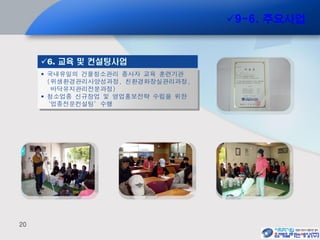 20
 국내유일의 건물청소관리 종사자 교육 훈련기관
(위생환경관리사양성과정, 친환경화장실관리과정,
바닥유지관리전문과정)
 청소업종 신규창업 및 영업홍보전략 수립을 위한
‘업종전문컨설팅’수행
6. 교육 및 컨설팅사업
9-6. 주요사업
 