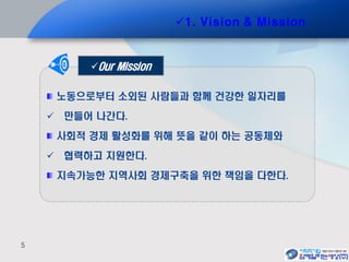 5
노동으로부터 소외된 사람들과 함께 건강한 일자리를
 만들어 나간다.
사회적 경제 활성화를 위해 뜻을 같이 하는 공동체와
 협력하고 지원한다.
지속가능한 지역사회 경제구축을 위한 책임을 다한다.
Our Mission
1. Vision & Mission
 