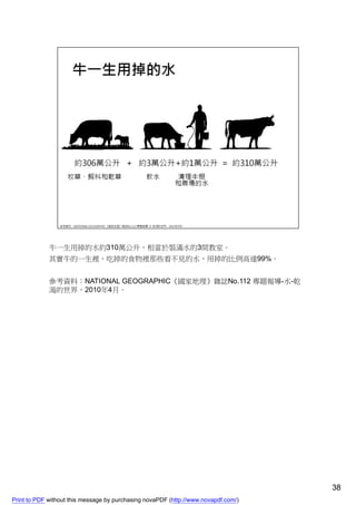 牛一生用掉的水約310萬公升，相當於裝滿水的3間教室。
             其實牛的一生裡，吃掉的食物裡那些看不見的水，用掉的比例高達99%。


             參考資料：NATIONAL GEOGRAPHIC《國家地理》雜誌No.112 專題報導-水-乾
             渴的世界，2010年4月。




                                                                                    38
Print to PDF without this message by purchasing novaPDF (http://www.novapdf.com/)
 