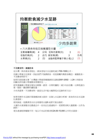 不浪費食物，適量飲食
             在台灣，與非素食者相比，素食者每日水足跡約減少700-1000公升。
             但國小學童正在發育，因此我們不強調素食，而是鼓勵均衡飲食概念，適量飲食，
             不浪費食物即可。
             依照行政院衛生署「台灣國小學童營養健康狀況調查2001-2002，以24 小時飲食
             回顧法評估國小學童膳食營養狀況。」
             研究建議國小學童宜增加全穀類、蔬菜、水果的攝取；減少肉品份數，以降低蛋白
             質、脂肪、膽固醇的攝取量。
             少肉多蔬果，不浪費食物，就是生活中能大幅降低水足跡的好方法。


             如果有操作水足跡計算器應該會注意到，在個人水足跡分析裡，飲食用水佔水足跡
             比重甚鉅。
             原因無他，從農業用水佔全球總用水量9 成便可看出端倪。
             大量的水資源隱含在農產品中，而肉品生產過程中，更需要消耗大量穀類，以作為
             飼料。
             視生產過程與種類不同，每公斤肉品約需消耗24,00-15,000 公升的水資源。




                                                                                    44
                                                                                    44
Print to PDF without this message by purchasing novaPDF (http://www.novapdf.com/)
 