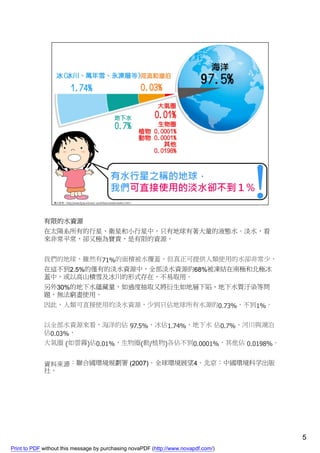 有限的水資源
             在太陽系所有的行星、衛星和小行星中，只有地球有著大量的液態水。淡水，看
             來非常平常，卻又極為寶貴，是有限的資源。


             我們的地球，雖然有71%的面積被水覆蓋，但真正可提供人類使用的水卻非常少，
             在這不到2.5%的僅有的淡水資源中，全部淡水資源約68%被凍結在南極和北極冰
             蓋中，或以高山積雪及冰川的形式存在，不易取用。
             另外30%的地下水蘊藏量，如過度抽取又將衍生如地層下陷、地下水質汙染等問
             題，無法窮盡使用。
             因此，人類可直接使用的淡水資源，少到只佔地球所有水源的0.73%，不到1%。


             以全部水資源來看，海洋約佔 97.5%、冰佔1.74%、地下水 佔0.7%、河川與湖泊
             佔0.03%、
             大氣圈 (如雲霧)佔0.01%、生物圈(動/植物)各佔不到0.0001%，其他佔 0.0198%。


             資料來源：聯合國環境規劃署 (2007)。全球環境展望4。北京：中國環境科学出版
             社。




                                                                                    5
Print to PDF without this message by purchasing novaPDF (http://www.novapdf.com/)
 