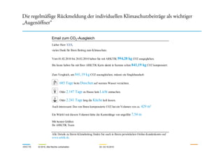 Die regelmäßige Rückmeldung der individuellen Klimaschutzbeiträge als wichtiger
„Augenöffner“
Lieber Herr XXX,
vielen Dank für Ihren Beitrag zum Klimaschutz.
Vom 01.02.2010 bis 28.02.2010 haben Sie mit ARKTIK 594,28 kg CO2 ausgeglichen.
Bis heute haben Sie mit Ihrer ARKTIK Karte damit in Summe schon 841,19 kg CO2 kompensiert.
Zum Vergleich, um 841,19 kg CO2 auszugleichen, müsste ein Singlehaushalt:
Email zum CO2-Ausgleich
ARKTIK © 2010, Alle Rechte vorbehalten 22.-23.10.2010
685 Tage beim Duschen auf warmes Wasser verzichten.
Oder 2.147 Tage zu Hause kein Licht anmachen.
Oder 2.241 Tage lang die Küche kalt lassen.
Auch interessant: Das von Ihnen kompensierte CO2 hat ein Volumen von ca. 429 m³
Ein Würfel mit diesem Volumen hätte die Kantenlänge von ungefähr 7,54 m
Mit besten Grüßen
Ihr ARKTIK Team
Alle Details zu Ihrem Klimabeitrag finden Sie auch in Ihrem persönlichen Online-Kundenkonto auf
www.arktik.de.
 