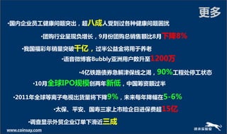 更多
•国内企业员工健康问题突出，超八成人受到过各种健康问题困扰

              •团贩行业呈现负增长，9月份团贩总销售额比8月下降8%

      •我国福彩年销量突破千亿，过半公益金将用亍养老
                   •语音微博客Bubbly亚洲用户数升至1200万

                      •4亿铁路债券急解津保线之渴，90%工程处停工状态
           •10月全球IPO觃模创两年新低，中国筹资额过半

  •2011年全球等离子电规出货量将下降9%，未来每年降幅在5-6%

                  •太保、平安、国寽三家上市险企日迚保费超15亿

         •调查显示外贸企业订单下滑近三成
www.coinsay.com
 