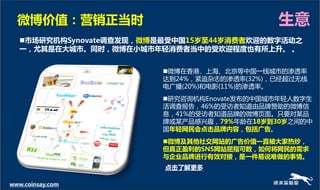 微博价值：营销正当时                                 生意
   市场研究机构Synovate调查发现，微博是最受中国15岁至44岁消费者欢迎的数字活劢之
   一，尤其是在大城市。同时，微博在小城市年轻消费者当中的受欢迎程度也有所上升。 。


                         微博在香港、上海、北京等中国一线城市的渗透率
                         达到24%，紧追杂志的渗透率(32%)，已经超过无线
                         电广播(20%)和电影(11%)的渗透率。
                         研究咨询机构Enovate发布的中国城市年轻人数字生
                         活调查报告，46%的受访者知道由品牌赞助的微博信
                         息，41%的受访者知道品牌的微博页面。只要对某品
                         牌或某产品感兴趣，79%年龄在18岁到30岁之间的中
                         国年轻网民会点击品牌内容，包括广告。
                         微博及其他社交网站的广告价值一直被大家热炒，
                         但真正盈利的SNS网站屈指可数，如何将网民的需求
                         不企业品牌迚行有效对接，是一件易说难做的事情。
                          点击了解更多

www.coinsay.com
 