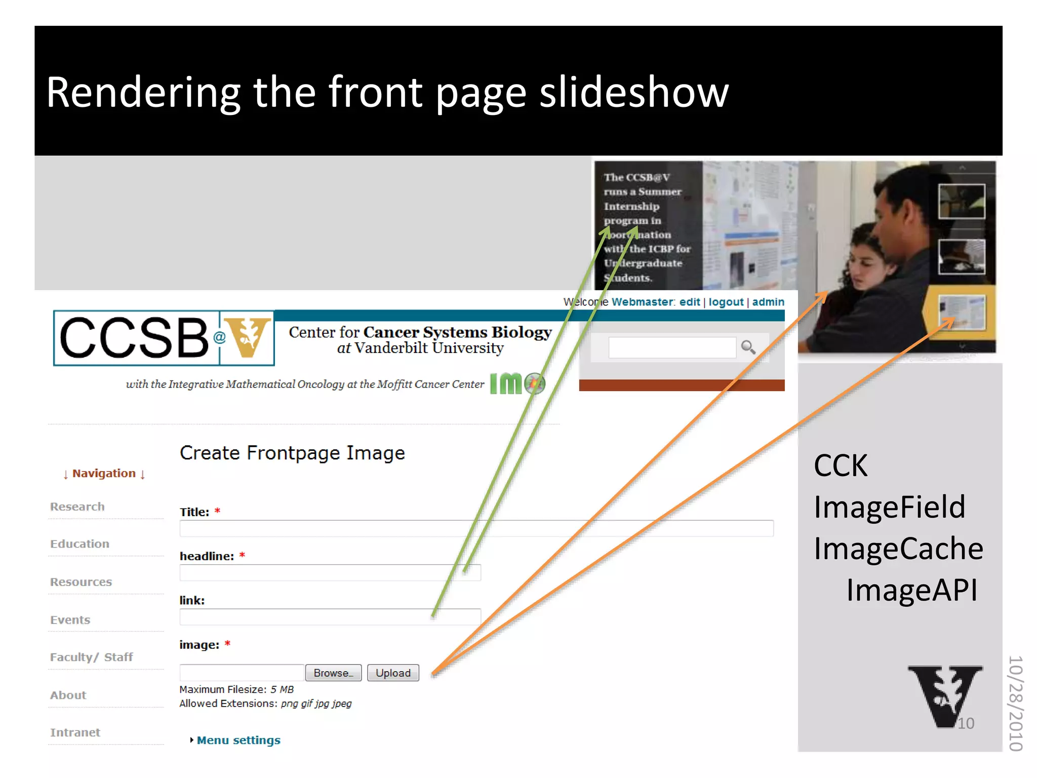 What is bioinformatics?Rendering the front page slideshow
10
10/28/2010
CCK
ImageField
ImageCache
ImageAPI
 