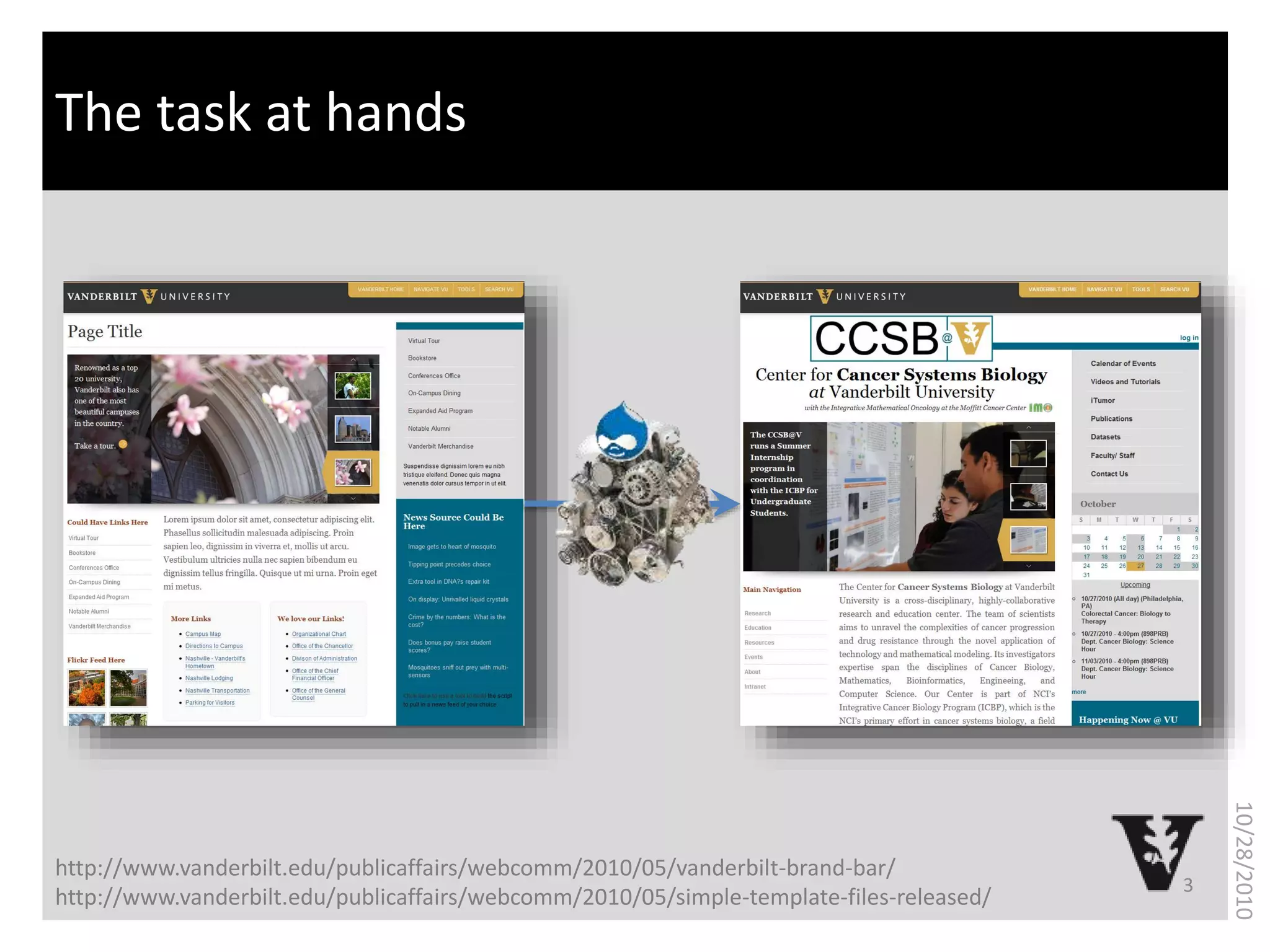 What is bioinformatics?The task at hands
3
10/28/2010
http://www.vanderbilt.edu/publicaffairs/webcomm/2010/05/vanderbilt-brand-bar/
http://www.vanderbilt.edu/publicaffairs/webcomm/2010/05/simple-template-files-released/
 