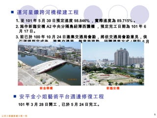      運河星鑽跨河橋樑建工程
       1. 至 101 年 5 月 30 日預定進度 98.846% ，實際進度為 89.715% 。
       2. 施作新臨安橋 A2 中央分隔島紐澤西護欄 ，預定完工日期為 101 年 6
         月 17 日。
       3. 前已於 100 年 10 月 24 日邀集交通局會勘，將依交通局會勘意見，俟
         引道線型完成後，邀集交通局、教育局現勘，研議通車方式 ( 預計 6 月
         15 日前 ) 。




                 新金華橋                      新臨安橋

        安平金小姐藝術平台週邊修復工程
         101 年 3 月 28 日開工，已於 5 月 24 日完工。

                                                          9
公共工程處新建工程一科
 