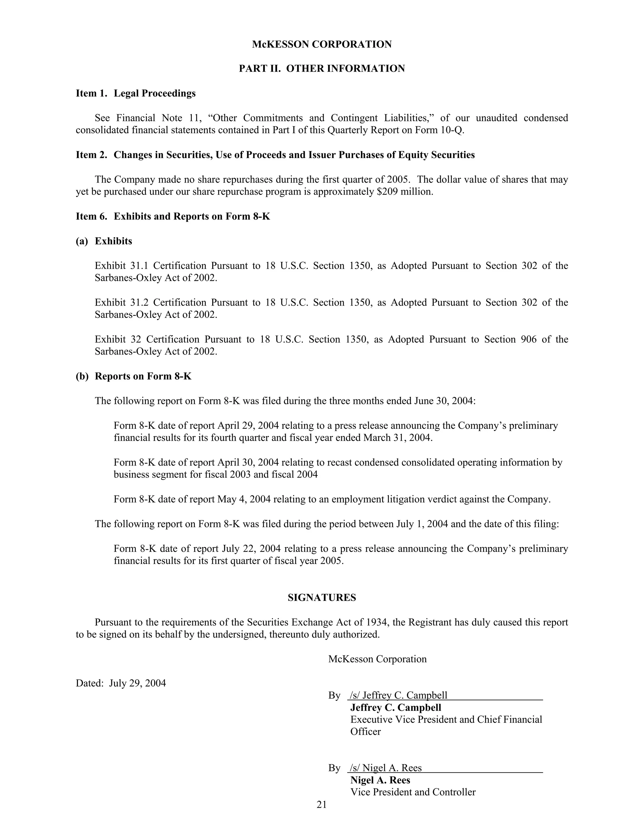 Mekesson Quarterly Reports 2005 1st