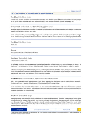 cardinal health Q1 2009 Earnings Transcript