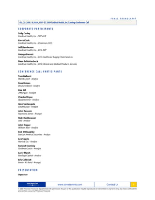 cardinal health Q1 2009 Earnings Transcript