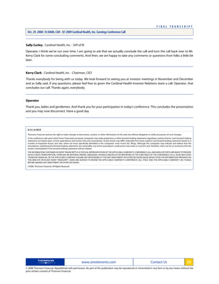 cardinal health Q1 2009 Earnings Transcript