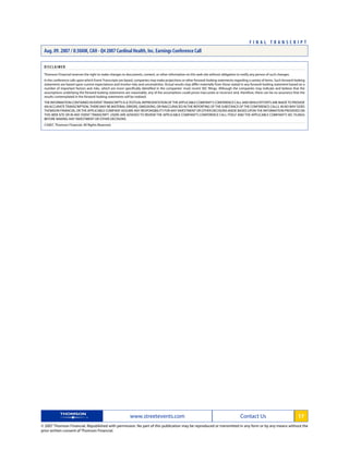 cardinal health Q4 2007 Earnings Transcript