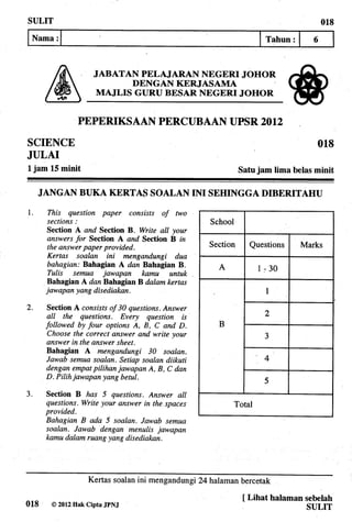 Soalan Percubaan UPSR Johor 2012 Sains Bahagian A