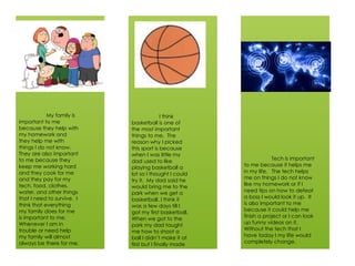 !
My family is
important to me
because they help with
my homework and
they help me with
things I do not know.
They are also important
to me because they
keep me working hard
and they cook for me
and they pay for my
tech, food, clothes,
water, and other things
that I need to survive. I
think that everything
my family does for me
is important to me.
Whenever I am in
trouble or need help
my family will almost
always be there for me.
I think
basketball is one of
the most important
things to me. The
reason why I picked
this sport is because
when I was little my
dad used to like
playing basketball a
lot so I thought I could
try it. My dad said he
would bring me to the
park when we get a
basketball. I think it
was a few days till I
got my first basketball.
When we got to the
park my dad taught
me how to shoot a
ball I didn’t make it at
first but I finally made
Tech is important
to me because it helps me
in my life. The tech helps
me on things I do not know
like my homework or if I
need tips on how to defeat
a boss I would look it up. It
is also important to me
because it could help me
finish a project or I can look
up funny videos on it.
Without the tech that I
have today I my life would
completely change.
 