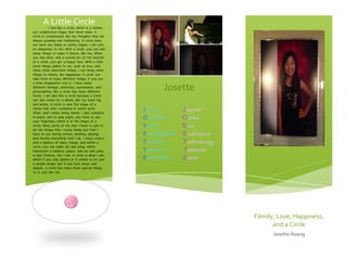 !
A!Little!Circle!I feel like a circle, which is a simple,
yet complicated shape that never ends. A
circle is complicated, like my thoughts that are
always growing and multiplying. A circle does
not have any sharp or pointy edges. I am soft,
no sharpness to me. With a circle, you can add
many things to make it better, like me. When
you two dots, and a curved arc at the bottom
of a circle, you get a happy face. With a little
extra things added to me, such as love, and
many other important things, I can bring other
things to others, like happiness. A circle can
take form of many different things, if you put
a little imagination into it. I have many
different feelings, emotions, expressions, and
personalities, like a circle has many different
forms. I am also like a circle because a circle
can also stand for a whole, like my heart big
and whole. A circle is also the shape of a
tennis ball, and I compete in tennis quite
often, and I enjoy doing tennis. I also compete
in piano, and to play piano, you have to use
your fingertips, which is in the shape of a
circle. Many parts of me that I have to use to
do the things that I enjoy doing and that I
have to use during school, working, playing,
and mostly everything that I do. I enjoy peace,
and a balance of many things, and within a
circle, you can make yin and yang, which
represents a balance, peace, and yin and yang
is also Chinese, like I am. A circle is what I am,
which if you only glance at it seems to be just
a simple shape, but if you look closer and
deeper, a circle has many more special things
to it, just like me.
!
JOYFUL Jaguar
OPTIMISTIC Ocean
SMART Sun
ETRAORDINARY Excellence
TALENTED Technology
THANKFUL Teachers
EXCEPTIONAL Earth
Family,!Love,!Happiness,!
and!a!Circle!
Josette&Huang&
Josette!
 