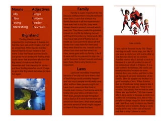 !
!
1
Nouns!!!!!!!!!!!Adjectives!
Jolly!!!!!!!!!!!!!!!!!!!!!!!Jungle!
Ultra!!!!!!!!!!!!!!!!!!!!!Unicorn!
Loving!!!!!!!!!!!!!!!!!!Leader!
Interesting!!!!!!!Ice!cream!!!
!
!!!!!!!!!!!!!!!!Big!Island!
The!Big!Island!is!super!
important!to!me!because!it!makes!me!
feel!like!I!am!safe!and!it!makes!me!feel!
so!welcomed.!When!I!go!to!the!Big!
Island!I!feel!like!I!was!meant!to!live!
there.!I!also!feel!heart!warmed!and!it!
just!gives!me!an!awesome!feeling!that!I!
could!never!feel!anywhere!else!but!the!
Big!Island.!It!makes!me!feel!so!
Hawaiian!and!that!means!a!lot!to!me.!I!
just!love!the!Big!Island!so!much.!I!hope!
to!go!to!the!Big!Island!someday!to!have!
fun!again.!
2
!!!!!!!!!!!!!!!!!Family!
Family!is!super!important!to!me!
because!without!them!I!would!not!have!
been!born.!I!can't!live!without!my!
family!because!in!all!the!experiences!I!
have!ever!had!in!my!life,!they!were!
always!there!to!protect!me!and!watch!
over!me.!They!have!made!the!greatest!
impact!on!my!life!by!helping!me!out!
with!hard!times!like!my!homework.!We!
may!have!had!a!lot!of!fights,!but!we!
made!up.!I!can!just!think!about!all!the!
times!that!I!was!there!for!them!and!
they!were!there!for!me.!I!would!not!be!
where!I!am!now!and!feel!what!I!do!
now,!same!goes!with!my!family.!Like!if!
it!were!not!for!my!parents!to!sign!me!
up!for!Summer!School!I!would!not!have!
been!here,!that!is!why!family!is!so!
important.!
!!!!!!!!Laws!
Laws!are!incredibly!important!
because!if!we!did!not!have!them!a!lot!
of!bad!things!could!probably!happen!
and!not!much!people!would!really!care.!
Also,!without!laws!people!might!not!
have!much!resources!like!food!or!
maybe!even!money!if!someone!were!to!
brake!into!your!store!and!take!it!all.!
With!laws,!people!do!bad!things!but!
not!as!bad!as!if!it!were!forever!that!we!
would!not!have!laws.!With!laws!people!
are!more!aware!of!what!might!happen!
to!them!if!they!brake!the!laws.!
!
I am a circle
I am a circle because in my life I keep
moving on and I never stop, just like if
you trace a circle you will not be able to
stop because there are no corners.
Another reason why I picked a circle is
because it is part of symbol in one of
my ethnicities which is Filipino. It is a
sun symbol. Sometimes, the circle can
mean protection because on some
shields there are circles, and that is like
me because I am very protective of my
family. How in support my brother is a
good example of this. When I notice
that his friends are being mean to him I
stand up for him and say, "That is not
so nice. You should not be rude to your
friend and my brother." My last reason
why I am a circle is because a circle is a
symbol of everlasting love, that is why
people exchange rings for their wedding
and I and I am very loving to my family
when they are in trouble. Being a circle
really shows my colors out of myself
and that is why I choose a circle.
 