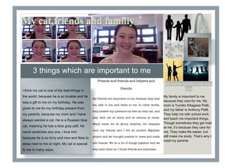 MY CAT
I think my cat is one of the best things in
the world, because he is so lovable and he
was a gift to me on my birthday. He was
given to me for my birthday present from
my parents, because my mom and I have
always wanted a cat. He is a Russian blue
cat, meaning he has a blue gray pelt. He
never scratches any one. I love him
because he is so furry and nice and likes to
sleep next to me at night. My cat is special
to me in many ways.
3 things which are important to me
Friends and friends and helpers and
friends
My friends are important to me, because they help
me, talk to me, and listen to me. In other words,
they answer my questions as best as they can, and
play with me at times and be serious at times.
Many times we do group projects, for example
once my friends and I did an ancient Egyptian
project and we brought posters to reses and made
info boards. We do a lot of things together and we
help each other so, I think friends are important.
 