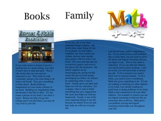 Books
In my life, one of my most
important things is family. My
family does many things for me.
For example, my dad makes
breakfast, my mom washes my
clothes, and my sister usually
plays games with me when I am
bored. My mom and dad take me
to practices, games, and even to
fun places like the bookstore. My
family supports me by
encouraging me, giving me big
meals that get my brain going,
and helping me follow my dreams
by explaining what I want to
know. Family gives me ideas and
helps me with my education. For
example, when I want to build
something they give suggestions.
My mom also helps me with my
homework. Family is one of the
most important things in my life
because my family loves me and
they help me with my everyday
life.
If you come across a chance to go to a
spelling bee or a good college, you need
to know how to read and spell. This is
why books that you can read are
important to me. They help me with
vocabulary and give me some thing to do
when I am bored. They give something
to think about. Books build my
imagination so I can create a picture in
my head. Building my imagination helps
me because I also like to draw. If I can
create a picture in my head, I can draw it
easier. Books can help you go into
college and if you like them, you may do
very well in your life.
Last but not least, math is important to
me. If you come across a math problem
that is really hard, you just need to know
the basics and logical reasoning and you
can figure it out. This is why math is
important. If you can add and subtract,
you can do pretty much anything. Later
on in life, you will need math at almost
any job. To be a scientist you need to
know how to measure liquids. To be a
sailor, you need to know coordinates.
Math also gives something to do. If I am
not reading or studying my other subjects
in my head, I am usually reading my
math book or doing problems in my head.
Math is also connected to all your other
subjects. For example in science you can
use logical reasoning to find out why an
ecosystem dies or thrives. Math gives
you problem solving and logical
reasoning which helps you throughout
your life.
Family
 