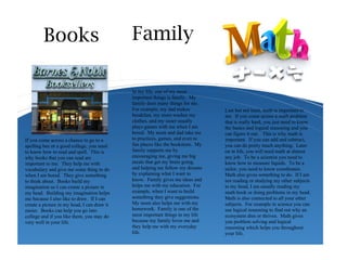 Books
In my life, one of my most
important things is family. My
family does many things for me.
For example, my dad makes
breakfast, my mom washes my
clothes, and my sister usually
plays games with me when I am
bored. My mom and dad take me
to practices, games, and even to
fun places like the bookstore. My
family supports me by
encouraging me, giving me big
meals that get my brain going,
and helping me follow my dreams
by explaining what I want to
know. Family gives me ideas and
helps me with my education. For
example, when I want to build
something they give suggestions.
My mom also helps me with my
homework. Family is one of the
most important things in my life
because my family loves me and
they help me with my everyday
life.
If you come across a chance to go to a
spelling bee or a good college, you need
to know how to read and spell. This is
why books that you can read are
important to me. They help me with
vocabulary and give me some thing to do
when I am bored. They give something
to think about. Books build my
imagination so I can create a picture in
my head. Building my imagination helps
me because I also like to draw. If I can
create a picture in my head, I can draw it
easier. Books can help you go into
college and if you like them, you may do
very well in your life.
Last but not least, math is important to
me. If you come across a math problem
that is really hard, you just need to know
the basics and logical reasoning and you
can figure it out. This is why math is
important. If you can add and subtract,
you can do pretty much anything. Later
on in life, you will need math at almost
any job. To be a scientist you need to
know how to measure liquids. To be a
sailor, you need to know coordinates.
Math also gives something to do. If I am
not reading or studying my other subjects
in my head, I am usually reading my
math book or doing problems in my head.
Math is also connected to all your other
subjects. For example in science you can
use logical reasoning to find out why an
ecosystem dies or thrives. Math gives
you problem solving and logical
reasoning which helps you throughout
your life.
Family
 