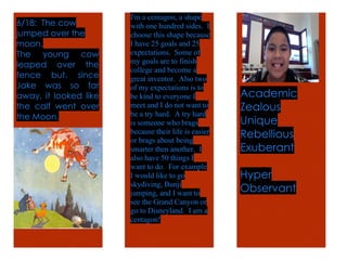 !
Academic
Zealous
Unique
Rebellious
Exuberant
Hyper
Observant
I'm a centagon, a shape
with one hundred sides. I
choose this shape because
I have 25 goals and 25
expectations. Some of
my goals are to finish
college and become a
great inventor. Also two
of my expectations is to
be kind to everyone I
meet and I do not want to
be a try hard. A try hard
is someone who brags
because their life is easier
or brags about being
smarter then another. I
also have 50 things I
want to do. For example
I would like to go
skydiving, Bunji
jumping, and I want to
see the Grand Canyon or
go to Disneyland. I am a
centagon!
6/18: The cow
jumped over the
moon.
The young cow
leaped over the
fence but, since
Jake was so far
away, it looked like
the calf went over
the Moon.
 