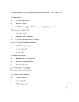 International Journal of Software Engineering & Applications (IJSEA), Vol.7, No.1, January 2016
6
2. Prototyping[2]
• Changing requirements
• Progressive results
• Good for critical projects with emphasis on testing/quality assurance
3. Incremental development[3]
• Progressive results
• Good when time is constrained
• Changing requirements/High uncertainty
4. Iterative and incremental development[3]
• Good when scope is large
• Team is real and big
• Product is new
5. Spiral development[4]
• Good for large & critical projects
• Progressive results/Innovation
• Flexible requirements
NON-CRITICAL PROJECTS
6. Rapid action development[5]
• Time is constrained
• Improving product
• Flexible requirements
 