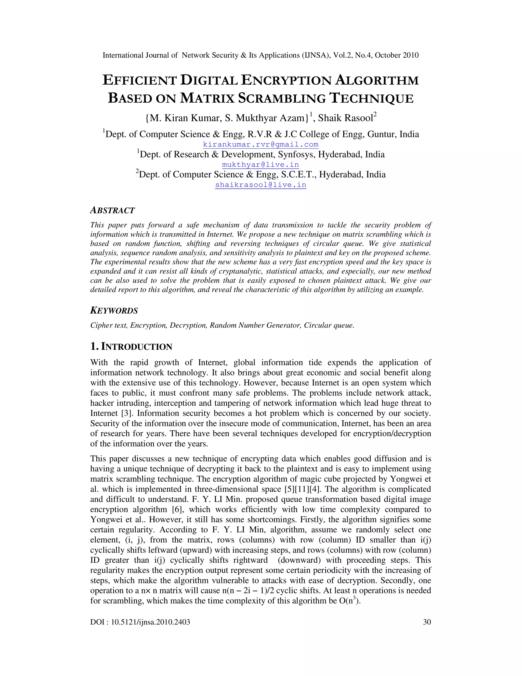 EFFICIENT DIGITAL ENCRYPTION ALGORITHM BASED ON MATRIX SCRAMBLING ...