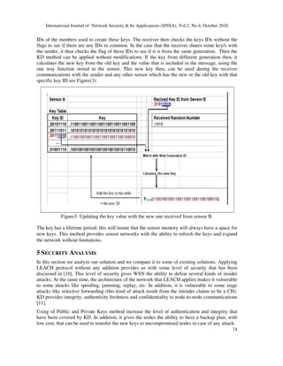International Journal of Network Security & Its Applications (IJNSA), Vol.2, No.4, October 2010
74
IDs of the numbers used to create these keys. The receiver then checks the keys IDs without the
flags to see if there are any IDs in common. In the case that the receiver shares some key/s with
the sender, it then checks the flag of these IDs to see if it is from the same generation. Then the
KD method can be applied without modifications. If the key from different generation then, it
calculates the new key from the old key and the value that is included in the message, using the
one way function stored in the sensor. This new key then, can be used during the receiver
communications with the sender and any other sensor which has the new or the old key with that
specific key ID see Figure(3).
Figure3. Updating the key value with the new one received from sensor B.
The key has a lifetime period; this will insure that the sensor memory will always have a space for
new keys. This method provides sensor networks with the ability to refresh the keys and expand
the network without limitations.
5 SECURITY ANALYSIS
In this section we analyze our solution and we compare it to some of existing solutions. Applying
LEACH protocol without any addition provides us with some level of security that has been
discussed in [10]. This level of security gives WSN the ability to defeat several kinds of insider
attacks. At the same time, the architecture of the network that LEACH applies makes it vulnerable
to some attacks like spoofing, jamming, replay, etc. In addition, it is vulnerable to some stage
attacks like selective forwarding (this kind of attack result from the intruder claims to be a CH).
KD provides integrity, authenticity freshness and confidentiality to node-to-node communications
[11].
Using of Public and Private Keys method increase the level of authentication and integrity that
have been covered by KD. In addition, it gives the nodes the ability to have a backup plan, with
low cost, that can be used to transfer the new keys to uncompromised nodes in case of any attack.
 