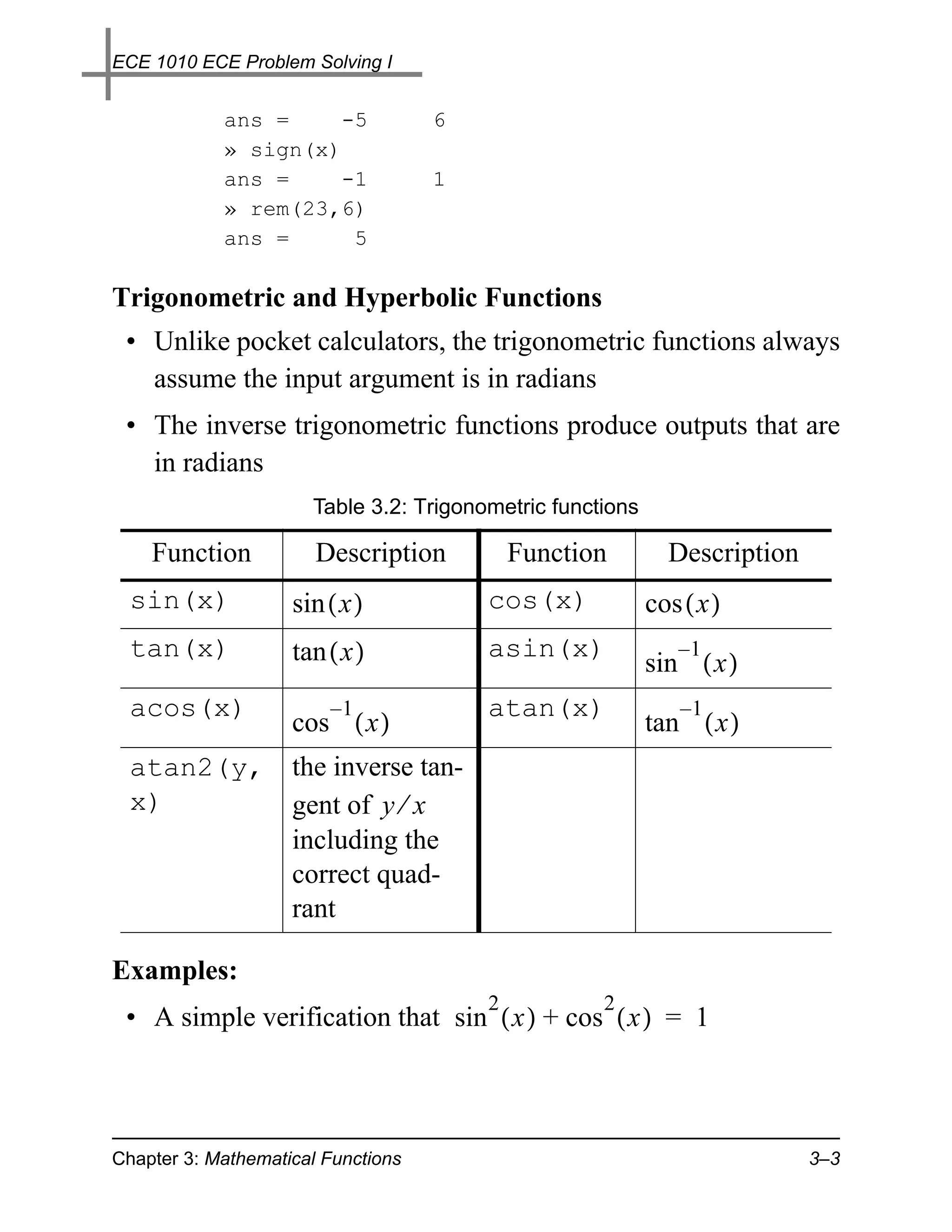 ECE 1010 ECE Problem Solving I


            ans =     -5            6
            » sign(x)
            ans =     -1            1
            » rem(23,6)
            ans =      5

Trigonometric and Hyperbolic Functions
 • Unlike pocket calculators, the trigonometric functions always
   assume the input argument is in radians
 • The inverse trigonometric functions produce outputs that are
   in radians
                      Table 3.2: Trigonometric functions

    Function           Description          Function         Description
  sin(x)            sin ( x )           cos(x)             cos ( x )
  tan(x)            tan ( x )           asin(x)               –1
                                                           sin ( x )
  acos(x)               –1              atan(x)                –1
                    cos ( x )                              tan ( x )
  atan2(y,          the inverse tan-
  x)                gent of y ⁄ x
                    including the
                    correct quad-
                    rant

Examples:
                                        2           2
 • A simple verification that sin ( x ) + cos ( x ) = 1



Chapter 3: Mathematical Functions                                          3–3
 