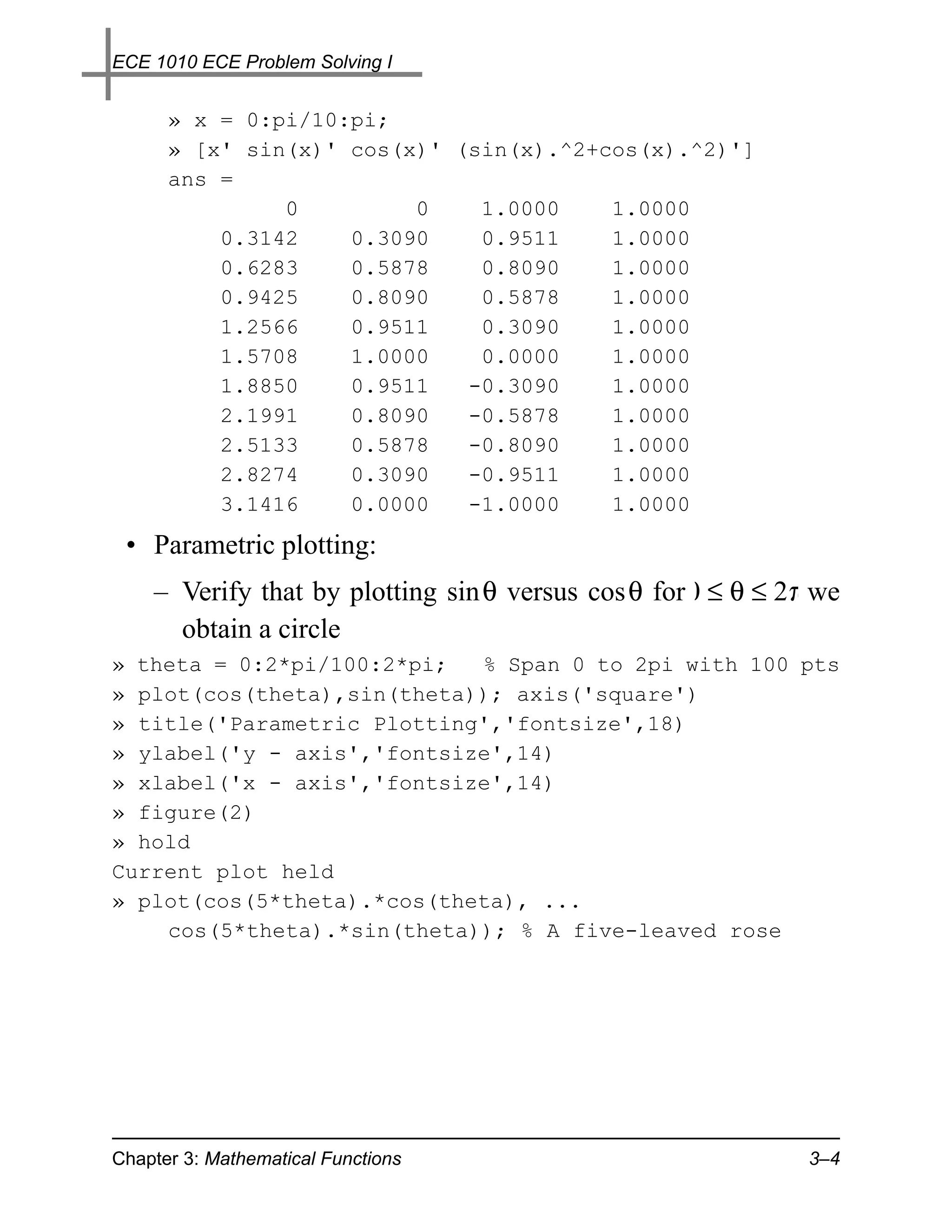 ECE 1010 ECE Problem Solving I


      » x = 0:pi/10:pi;
      » [x' sin(x)' cos(x)' (sin(x).^2+cos(x).^2)']
      ans =
               0         0    1.0000    1.0000
          0.3142    0.3090    0.9511    1.0000
          0.6283    0.5878    0.8090    1.0000
          0.9425    0.8090    0.5878    1.0000
          1.2566    0.9511    0.3090    1.0000
          1.5708    1.0000    0.0000    1.0000
          1.8850    0.9511   -0.3090    1.0000
          2.1991    0.8090   -0.5878    1.0000
          2.5133    0.5878   -0.8090    1.0000
          2.8274    0.3090   -0.9511    1.0000
          3.1416    0.0000   -1.0000    1.0000
 • Parametric plotting:
    – Verify that by plotting sin θ versus cos θ for 0 ≤ θ ≤ 2π we
      obtain a circle
» theta = 0:2*pi/100:2*pi;  % Span 0 to 2pi with 100 pts
» plot(cos(theta),sin(theta)); axis('square')
» title('Parametric Plotting','fontsize',18)
» ylabel('y - axis','fontsize',14)
» xlabel('x - axis','fontsize',14)
» figure(2)
» hold
Current plot held
» plot(cos(5*theta).*cos(theta), ...
    cos(5*theta).*sin(theta)); % A five-leaved rose




Chapter 3: Mathematical Functions                              3–4
 