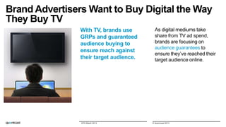 Brand Advertisers Want to Buy Digital the Way
They Buy TV
With TV, brands use
GRPs and guaranteed
audience buying to
ensure reach against
their target audience.

DPS Miami 2013

As digital mediums take
share from TV ad spend,
brands are focusing on
audience guarantees to
ensure they’ve reached their
target audience online.

© Quantcast 2013

 