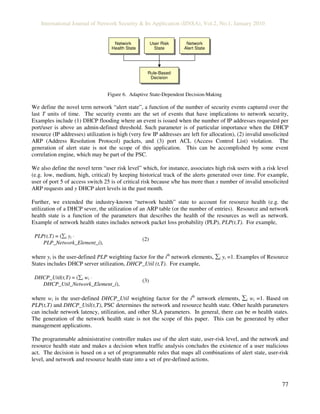 International Journal of Network Security & Its Application (IJNSA), Vol.2, No.1, January 2010
77
Network
Health State
Network
Health State
Network
Alert State
Network
Alert State
User Risk
State
User Risk
State
Rule-Based
Decision
Rule-Based
Decision
Network
Health State
Network
Health State
Network
Alert State
Network
Alert State
User Risk
State
User Risk
State
Rule-Based
Decision
Rule-Based
Decision
Figure 6. Adaptive State-Dependent Decision-Making
We define the novel term network “alert state”, a function of the number of security events captured over the
last T units of time. The security events are the set of events that have implications to network security,
Examples include (1) DHCP flooding where an event is issued when the number of IP addresses requested per
port/user is above an admin-defined threshold. Such parameter is of particular importance when the DHCP
resource (IP addresses) utilization is high (very few IP addresses are left for allocation), (2) invalid unsolicited
ARP (Address Resolution Protocol) packets, and (3) port ACL (Access Control List) violation. The
generation of alert state is not the scope of this application. This can be accomplished by some event
correlation engine, which may be part of the PSC.
We also define the novel term “user risk level” which, for instance, associates high risk users with a risk level
(e.g. low, medium, high, critical) by keeping historical track of the alerts generated over time. For example,
user of port 5 of access switch 25 is of critical risk because s/he has more than x number of invalid unsolicited
ARP requests and y DHCP alert levels in the past month.
Further, we extended the industry-known “network health” state to account for resource health (e.g. the
utilization of a DHCP sever, the utilization of an ARP table (or the number of entries). Resource and network
health state is a function of the parameters that describes the health of the resources as well as network.
Example of network health states includes network packet loss probability (PLP), PLP(t,T). For example,
PLP(t,T) = (∑i yi ⋅
PLP_Network_Element_i),
(2)
where yi is the user-defined PLP weighting factor for the ith
network elements, ∑i yi =1. Examples of Resource
States includes DHCP server utilization, DHCP_Util (t,T). For example,
DHCP_Util(t,T) = (∑i wi ⋅
DHCP_Util_Network_Element_i),
(3)
where wi is the user-defined DHCP_Util weighting factor for the ith
network elements, ∑i wi =1. Based on
PLP(t,T) and DHCP_Util(t,T), PSC determines the network and resource health state. Other health parameters
can include network latency, utilization, and other SLA parameters. In general, there can be m health states.
The generation of the network health state is not the scope of this paper. This can be generated by other
management applications.
The programmable administrative controller makes use of the alert state, user-risk level, and the network and
resource health state and makes a decision when traffic analysis concludes the existence of a user malicious
act. The decision is based on a set of programmable rules that maps all combinations of alert state, user-risk
level, and network and resource health state into a set of pre-defined actions.
 