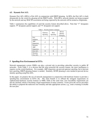International Journal of Network Security & Its Application (IJNSA), Vol.2, No.1, January 2010
71
4.5. Dynamic Port ACL
Dynamic Port ACL (DPA) is Port ACL in conjunction with DHCP gleaning. In DPA, the Port ACL is built
dynamically by the switch by gleaning all the DHCP traffic. With DPA, network identity not being assigned
by the network and any MAC-IP association not being expected by the network will be treated as illegitimate.
Table 1 summarizes the capabilities of each the security feature described above. Note that " " designates
support, "P" designates partial support, and " " designates not support.
Table 1. Security features summary
Gateway
Spoofing
Host
Spoofing
Device
Identity
Changing
Port
Isolation
ARP
Inspection
P
Dynamic
ARP
Inspection
Port ACL P
Dynamic
Port ACL
5 Spoofing-Free Environment in ETTx
Network management system (NMS) can play a pivotal role in providing subscriber security to public IP
networks. From Table 1, it is obvious that the more powerful the security feature, the more intelligence it
requires on the switch hardware. For example, ARP inspection can prevent gateway spoofing, but to prevent
host spoofing, DHCP gleaning feature is needed. Similarly, DCHP gleaning is also needed to prevent device
identity spoofing using Port ACL.
In this paper, we propose the use of network management in conjunction with hardware feature to provide a
spoofing-free environment in ETTx [6]. The main benefit is to offload the stringent requirement on
sophisticated hardware security features to NMS, while at the same time, user traceability requirement can
also be satisfied, which is becoming a legal requirements in many countries. It also gives the service providers
the ability to pinpoint the malicious user instantly and take appropriate actions, e.g., send a warning or disable
the user port.
 