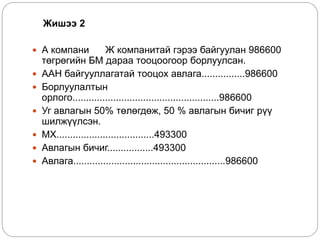 Жишээ 2
 А компани Ж компанитай гэрээ байгуулан 986600
төгрөгийн БМ дараа тооцоогоор борлуулсан.
 ААН байгууллагатай тооцох авлага................986600
 Борлуулалтын
орлого......................................................986600
 Уг авлагын 50% төлөгдөж, 50 % авлагын бичиг рүү
шилжүүлсэн.
 МХ....................................493300
 Авлагын бичиг.................493300
 Авлага........................................................986600
 