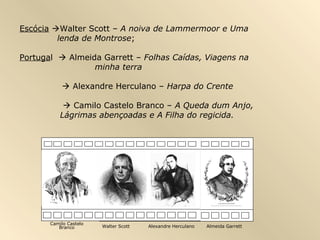 Escócia Walter Scott – A noiva de Lammermoor e Uma
lenda de Montrose;
Portugal  Almeida Garrett – Folhas Caídas, Viagens na
minha terra
 Alexandre Herculano – Harpa do Crente
 Camilo Castelo Branco – A Queda dum Anjo,
Lágrimas abençoadas e A Filha do regicida.
Camilo Castelo
Branco Walter Scott Alexandre Herculano Almeida Garrett
 