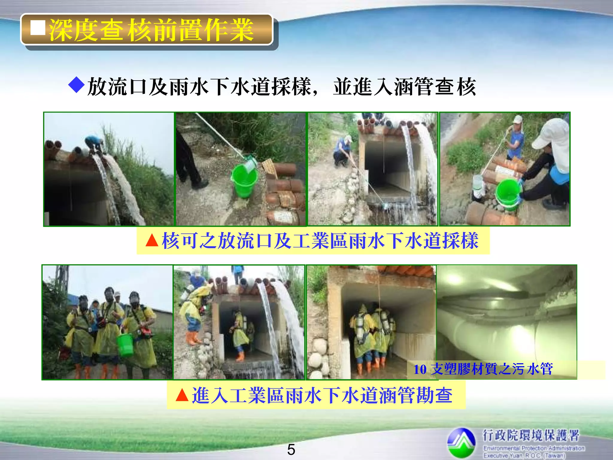 深度查 核前置作業
深度查 核前置作業
 放流口及雨水下水道採樣，並進入涵管查 核




    ▲核可之放流口及工業區雨水下水道採樣




                  10 支塑膠材質之污 水管
      ▲進入工業區雨水下水道涵管勘查

             5
 