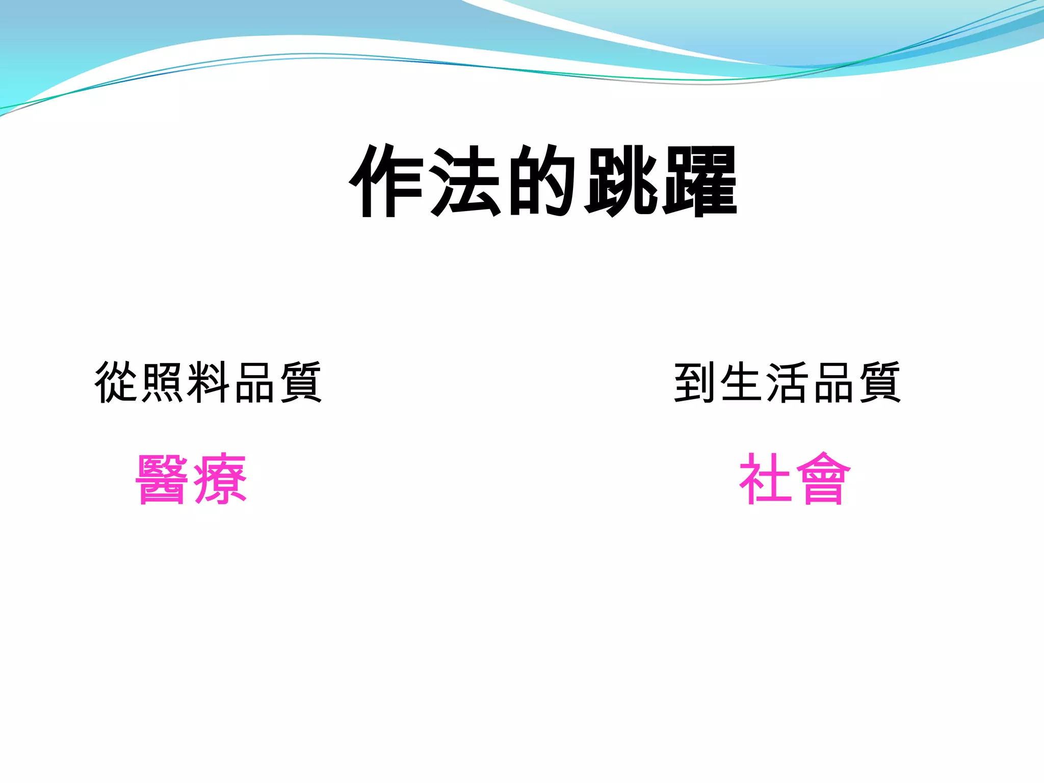 作法的跳躍

從照料品質       到生活品質

醫療           社會
 