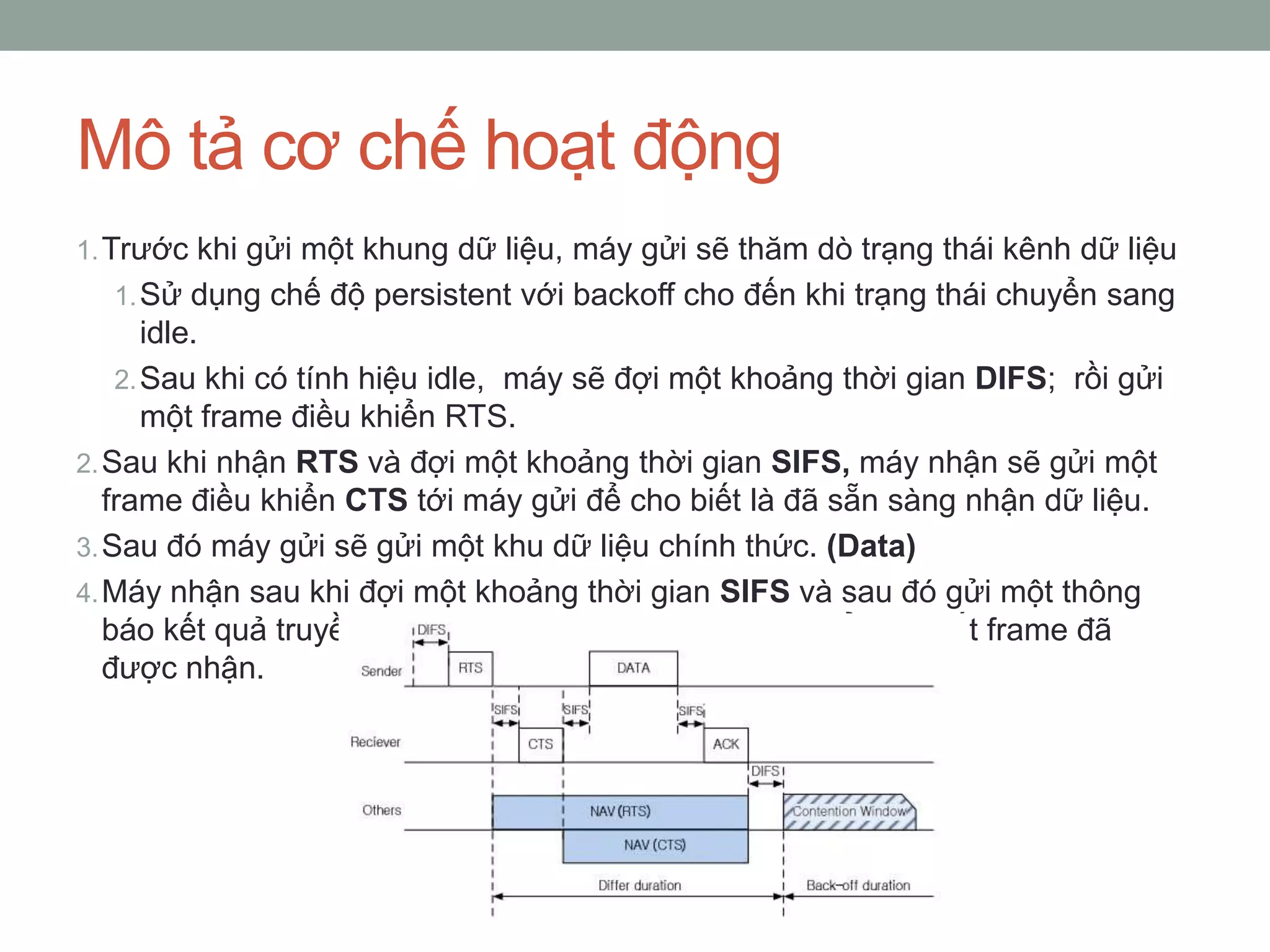 Mô tả cơ chế hoạt động
1. Trước khi gửi một khung dữ liệu, máy gửi sẽ thăm dò trạng thái kênh dữ liệu
  1. Sử dụng chế độ persistent với backoff cho đến khi trạng thái chuyển sang
       idle.
    2. Sau khi có tính hiệu idle, máy sẽ đợi một khoảng thời gian DIFS; rồi gửi
       một frame điều khiển RTS.
2. Sau khi nhận RTS và đợi một khoảng thời gian SIFS, máy nhận sẽ gửi một
   frame điều khiển CTS tới máy gửi để cho biết là đã sẵn sàng nhận dữ liệu.
3. Sau đó máy gửi sẽ gửi một khu dữ liệu chính thức. (Data)
4. Máy nhận sau khi đợi một khoảng thời gian SIFS và sau đó gửi một thông
   báo kết quả truyền dữ liệu ACK (Acknowledgment) để cho biết frame đã
   được nhận.
 