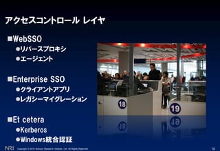 Copyright © 2010 Nomura Research Institute, Ltd. All Rights Reserved.
アクセスコントロール レイヤ
WebSSO
リバースプロキシ
エージェント
Enterprise SSO
クライアントアプリ
レガシーマイグレーション
Et cetera
Kerberos
Windows統合認証
10
 