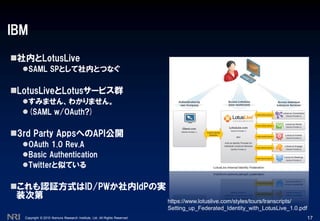 Copyright © 2010 Nomura Research Institute, Ltd. All Rights Reserved.
IBM
社内とLotusLive
SAML SPとして社内とつなぐ
LotusLiveとLotusサービス群
すみません、わかりません。
(SAML w/OAuth?)
3rd Party AppsへのAPI公開
OAuth 1.0 Rev.A
Basic Authentication
Twitterと似ている
これも認証方式はID/PWか社内IdPの実
装次第
17
https://www.lotuslive.com/styles/tours/transcripts/
Setting_up_Federated_Identity_with_LotusLive_1.0.pdf
 