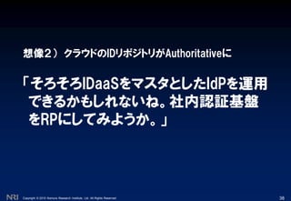 Copyright © 2010 Nomura Research Institute, Ltd. All Rights Reserved.
「そろそろIDaaSをマスタとしたIdPを運用
できるかもしれないね。社内認証基盤
をRPにしてみようか。」
想像２） クラウドのIDリポジトリがAuthoritativeに
38
 