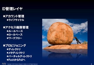 Copyright © 2010 Nomura Research Institute, Ltd. All Rights Reserved.
ID管理レイヤ
アカウント管理
ライフサイクル
アクセス権限管理
ルールベース
ロールベース
ワークフロー
プロビジョニング
ディレクトリ
メタディレクトリ
バーチャルディレクトリ
PushからPullへ
8
 