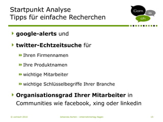 © comisch 2010 Johannes Korten - Unternehmertag Hagen 14
Startpunkt Analyse
Tipps für einfache Recherchen
google-alerts und
twitter-Echtzeitsuche für
Ihren Firmennamen
Ihre Produktnamen
wichtige Mitarbeiter
wichtige Schlüsselbegriffe Ihrer Branche
Organisationsgrad Ihrer Mitarbeiter in
Communities wie facebook, xing oder linkedin
 
