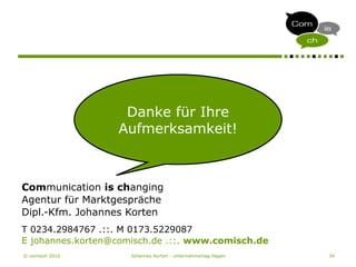 © comisch 2010 Johannes Korten - Unternehmertag Hagen 34
Communication is changing
Agentur für Marktgespräche
Dipl.-Kfm. Johannes Korten
T 0234.2984767 .::. M 0173.5229087
E johannes.korten@comisch.de .::. www.comisch.de
Danke für Ihre
Aufmerksamkeit!
 