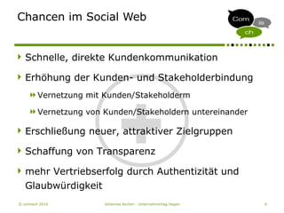 © comisch 2010 Johannes Korten - Unternehmertag Hagen 6
Chancen im Social Web
+
Schnelle, direkte Kundenkommunikation
Erhöhung der Kunden- und Stakeholderbindung
Vernetzung mit Kunden/Stakeholderm
Vernetzung von Kunden/Stakeholdern untereinander
Erschließung neuer, attraktiver Zielgruppen
Schaffung von Transparenz
mehr Vertriebserfolg durch Authentizität und
Glaubwürdigkeit
 