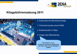 Kitagebührensatzung 2011
0. Eckpunkte der Beschlussvorlage
1. Finanzierung des neuen KitaG
2. Kostenstruktur in Kitas
3. Fragen des Elternbeirats
Die Punkte 0. und 3.
wurden im Ausschuss besprochen,
die Folien aber erst im Nachgang
ergänzt.
 