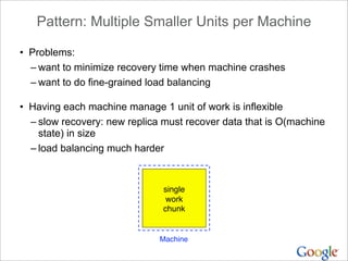 Pattern: Multiple Smaller Units per Machine
• Problems:
– want to minimize recovery time when machine crashes
– want to do...