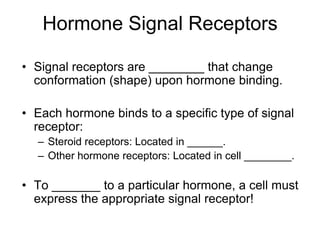 Hormone Signal Receptors
• Signal receptors are ________ that change
conformation (shape) upon hormone binding.
• Each hormone binds to a specific type of signal
receptor:
– Steroid receptors: Located in ______.
– Other hormone receptors: Located in cell ________.
• To _______ to a particular hormone, a cell must
express the appropriate signal receptor!
 