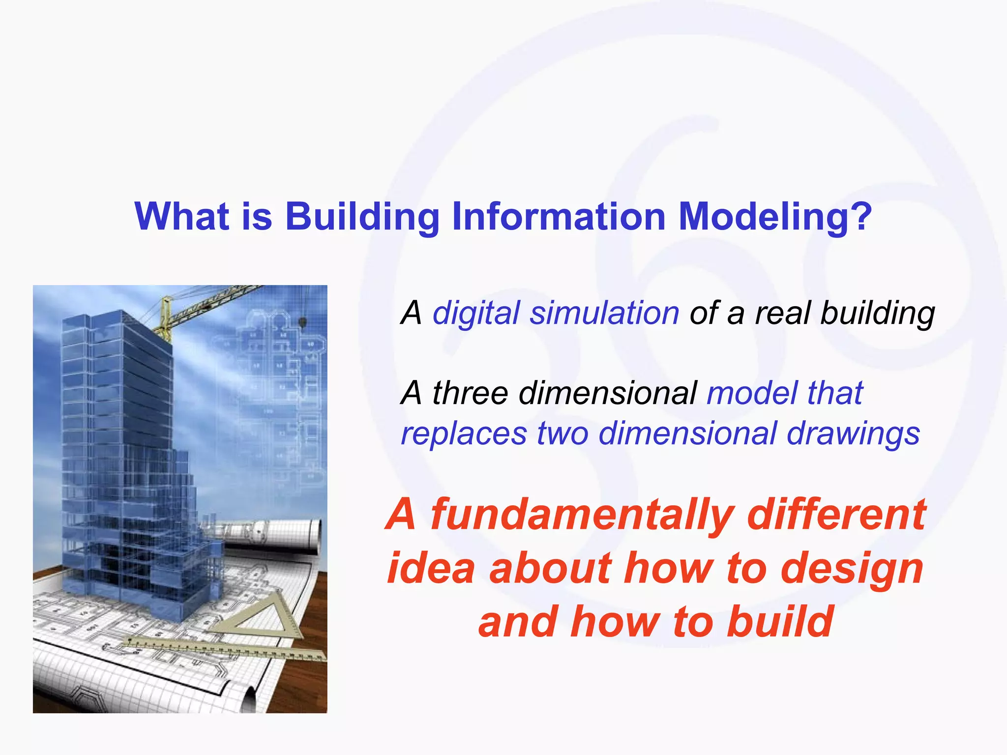 What is Building Information Modeling? A  digital simulation  of a real building A three dimensional  model that replaces two dimensional drawings A fundamentally different idea about how to design and how to build 